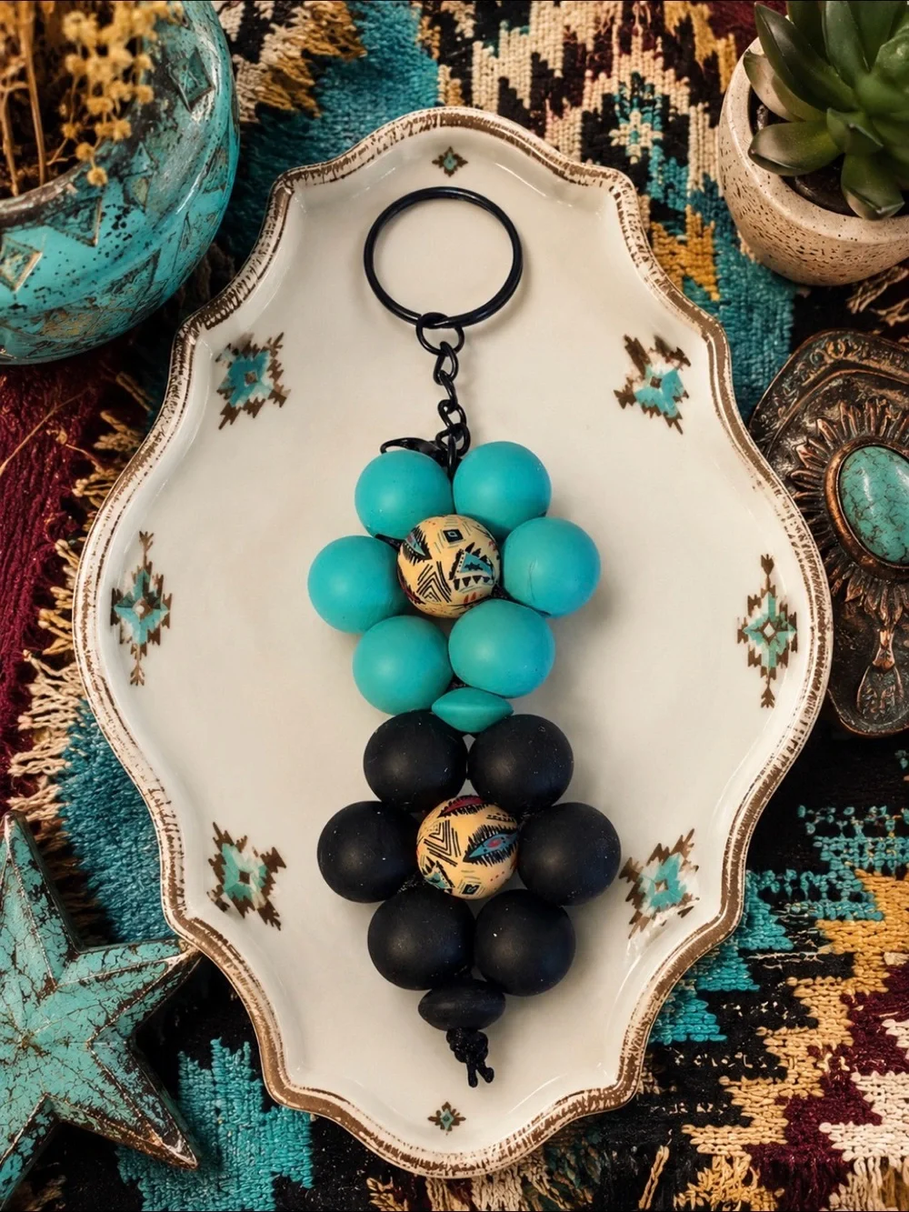 Hand Crafted Turquoise & Black Beaded Keychain